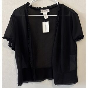 Studio 1 Women's Size 14 Black Sheer Open‎ Front Ruffle Trim Blouse Top NWT